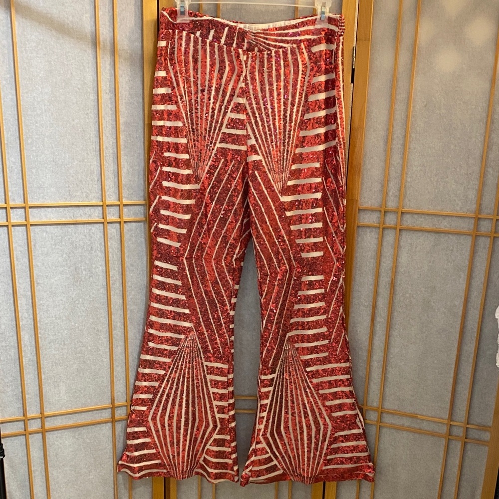Unisex Red Sequin Stage Wear Flare Pants